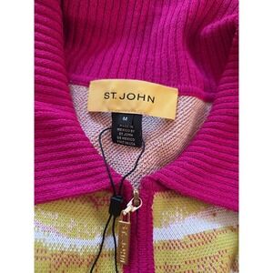 St John Sweater Pink Green White Abstract Suit Blazer Womens Medium Zip Collared